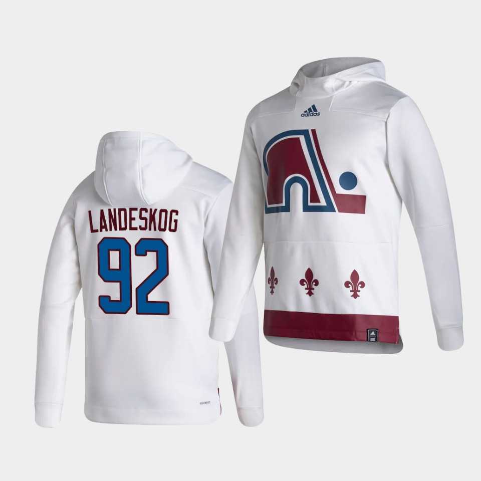 Men Colorado Avalanche 92 Landeskog White NHL 2021 Adidas Pullover Hoodie Jersey